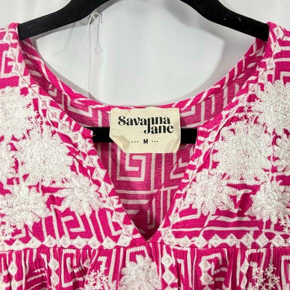 Savanna Jane Pink Embroidered Boho Shift Dress Med Cap Sleeve Geometric Floral - Picture 6 of 6